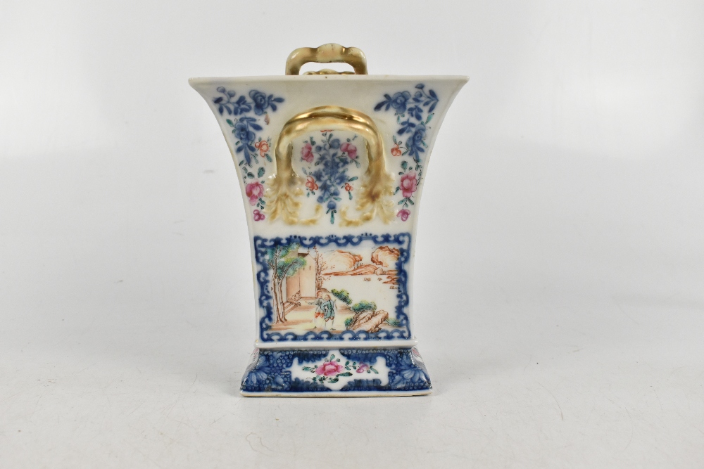 A late 18th century Chinese Export Famille Rose bough pot and cover of square trumpet form painted - Image 4 of 5