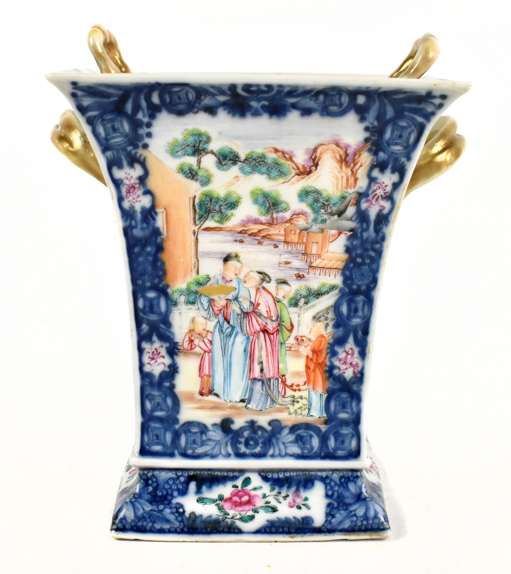A late 18th century Chinese Export Famille Rose bough pot and cover of square trumpet form painted