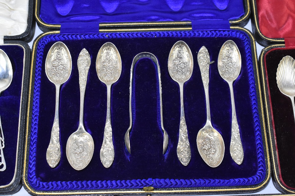 A set of six late Victorian hallmarked silver tea spoons and matching sugar tongs, with floral - Image 3 of 6