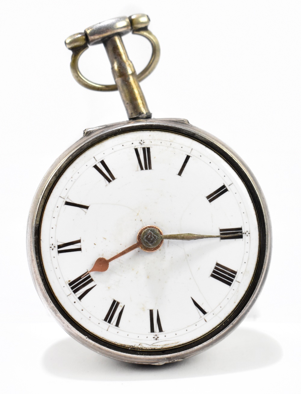 A George III hallmarked silver open faced key wind pocket watch with Roman numerals to the white