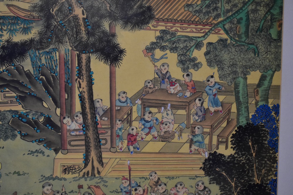 Two large decorative Chinese watercolours, one depicting one hundred boys at play, 85 x 51.5cm, - Image 5 of 7