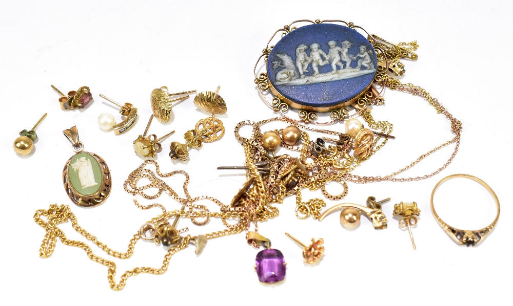 A collection of yellow metal and 9ct gold costume jewellery including brooch, pendant, ear studs,