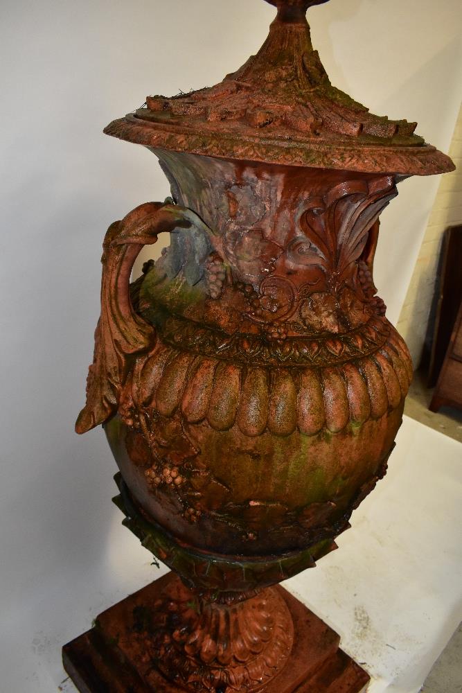 A pair of large ornate terracotta twin handled lidded urns, height 153cm. - Image 7 of 7