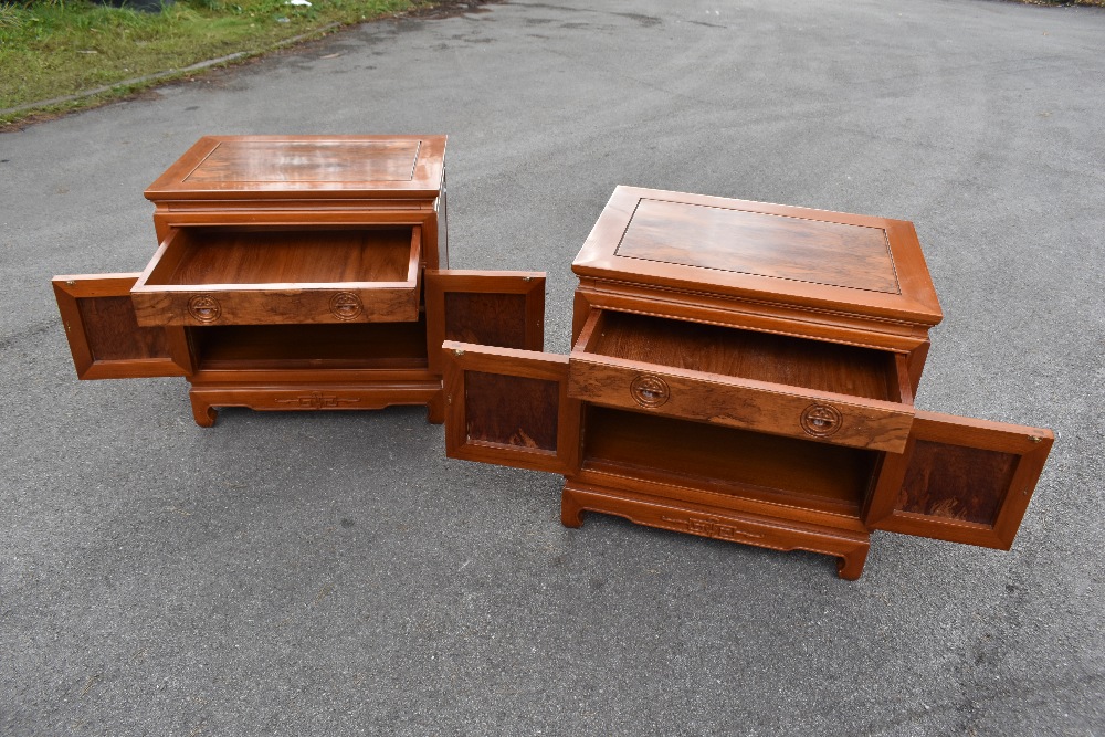 A pair of modern Chinese carved hardwood bedside cabinets, with one drawer and two cupboard doors, - Image 3 of 3