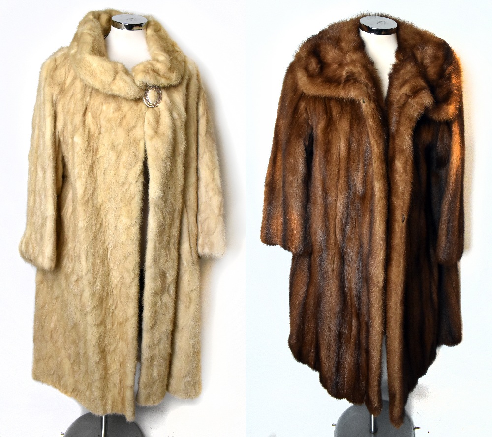 DEANFIELD LONDON; a light brown full length vintage mink coat, 1950s, with large collar, cuffed