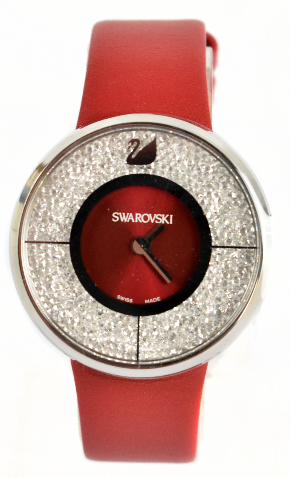 SWAROVSKI; a lady's dress watch with silver tone stainless steel case and embellished with