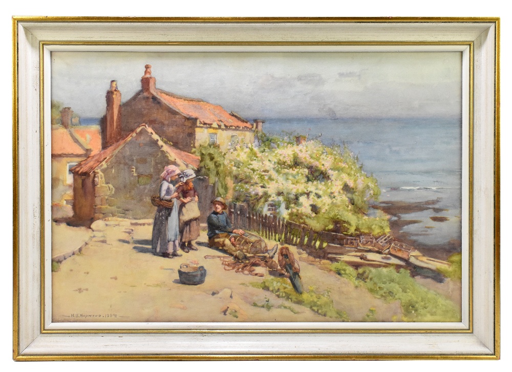 HENDRY SILKSTONE HOPWOOD (1860-1914); watercolour, coastal scene with fishermen and two females in
