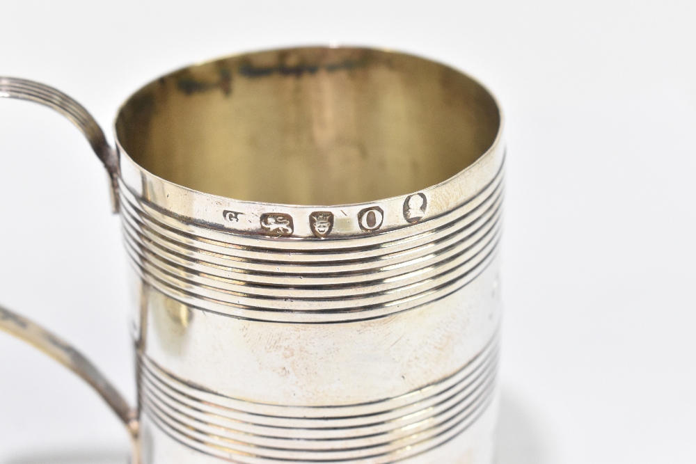 A George III hallmarked silver christening mug of cylindrical form with banded decoration and - Image 3 of 7