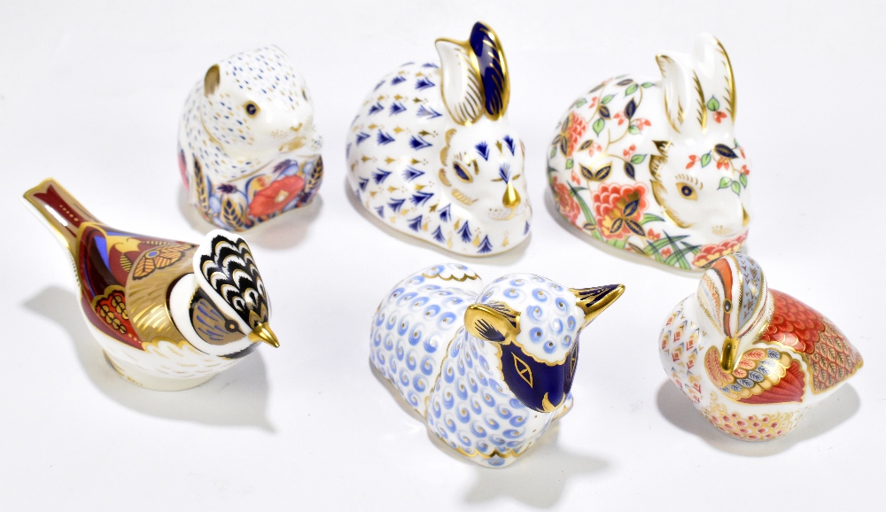 ROYAL CROWN DERBY; six animal form paperweights including Meadow Rabbit, Teal Duckling, Collector'