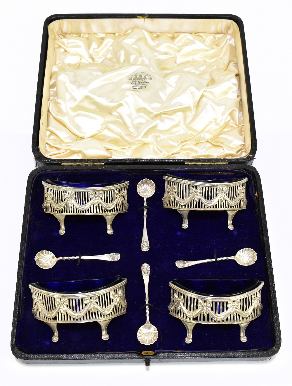 GEORGE NATHAN & RIDLEY HAYES; a cased set of four Edward VII hallmarked silver open salts of oval