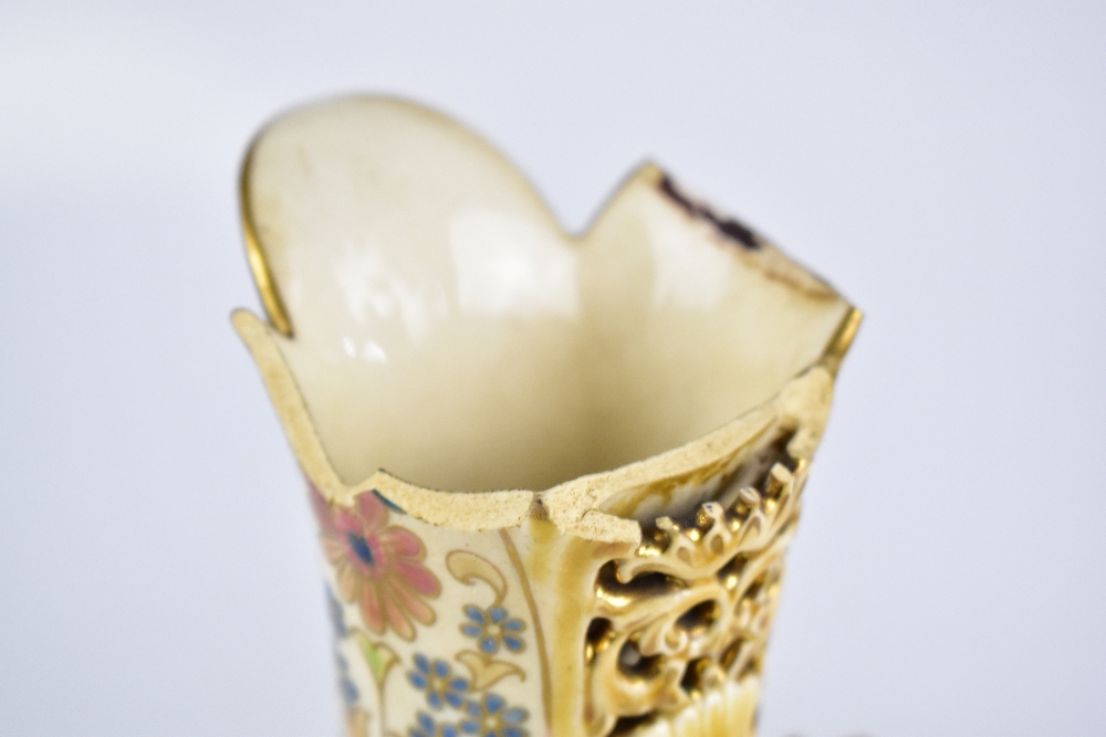 ZSOLNAY PECS; a twin handled vase, with pierced and painted floral detailing, height 40cm, with a - Image 6 of 6