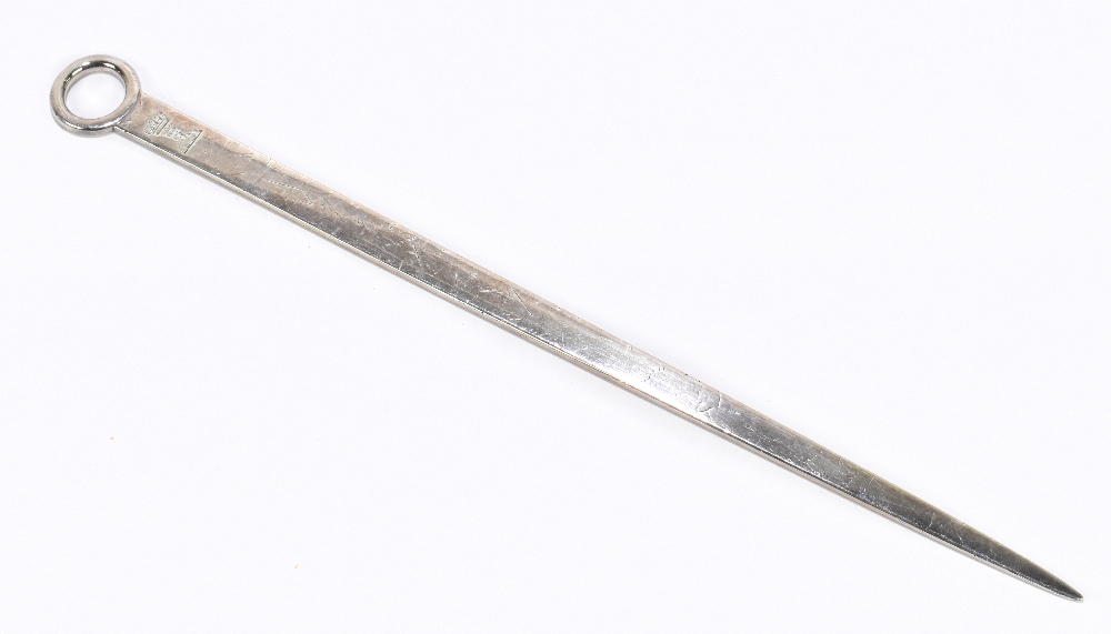 A George III hallmarked silver meat skewer with engraved family crest, London 1802, length 28cm,