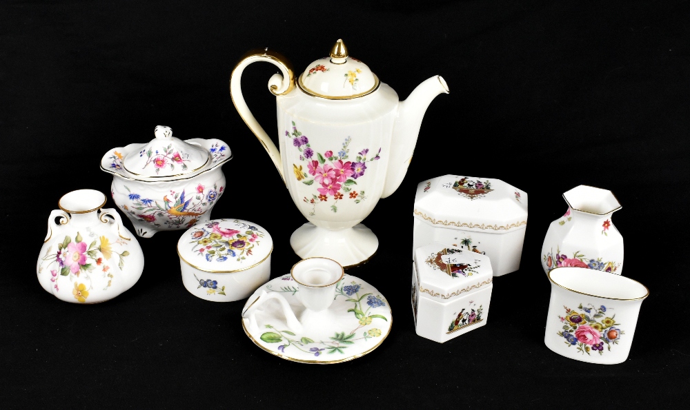 ROYAL WORCESTER; a small collection including a chamber stick, coffee pot, pin dishes, etc.