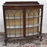An early 20th century mahogany bowfront display cabinet, the pair of glazed doors enclosing two