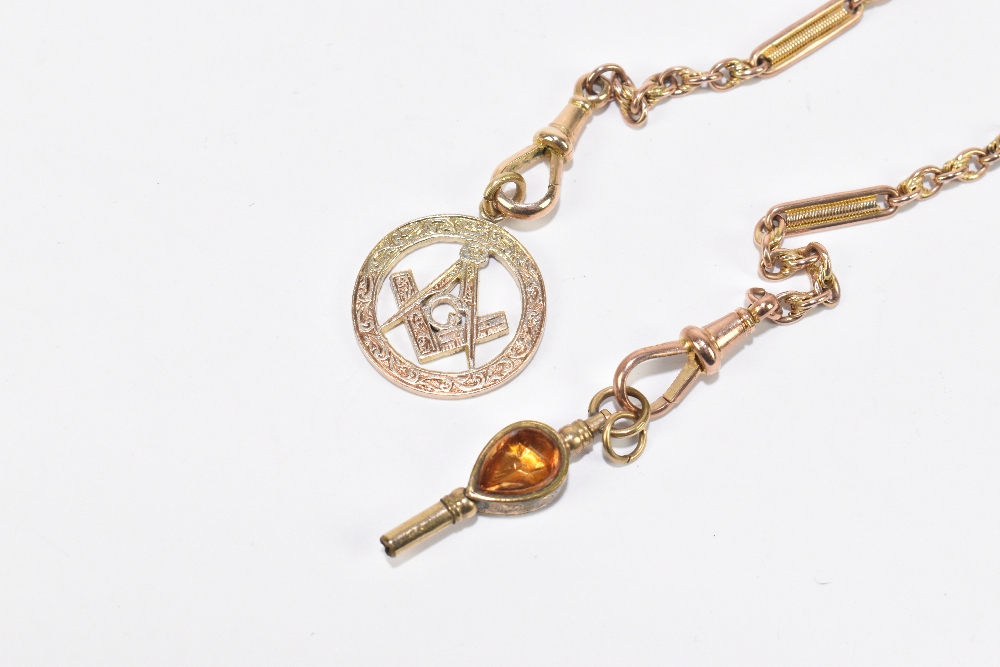 A 9ct rose gold fancy link Albert chain with gem set watch key and Masonic disc charm and T-bar, - Image 2 of 2