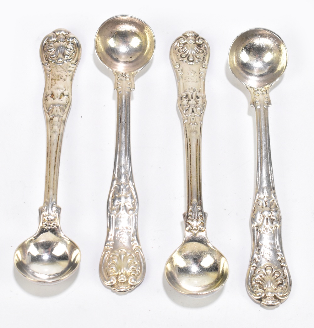 ELIZABETH EATON; a set of four Victorian hallmarked silver cruet spoons in the King's Honeysuckle