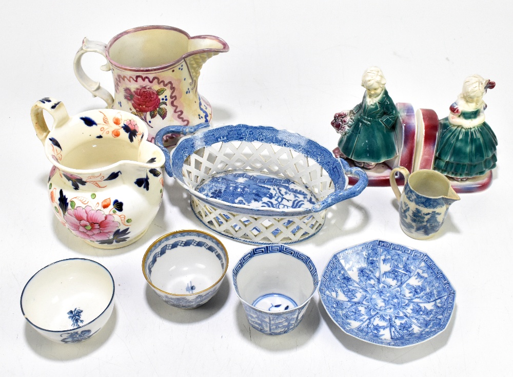 A small collection of 19th century and later ceramics including lustre jug with floral sprays,