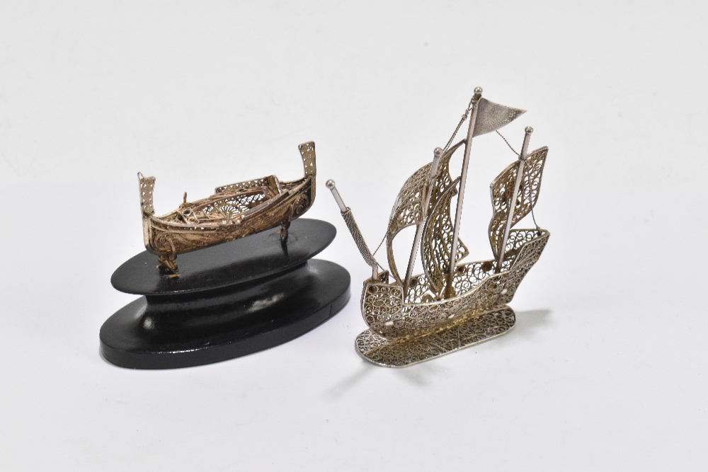 Two Eastern white metal filigree models of boats including a four masted example, height 9.5cm, ( - Image 2 of 2