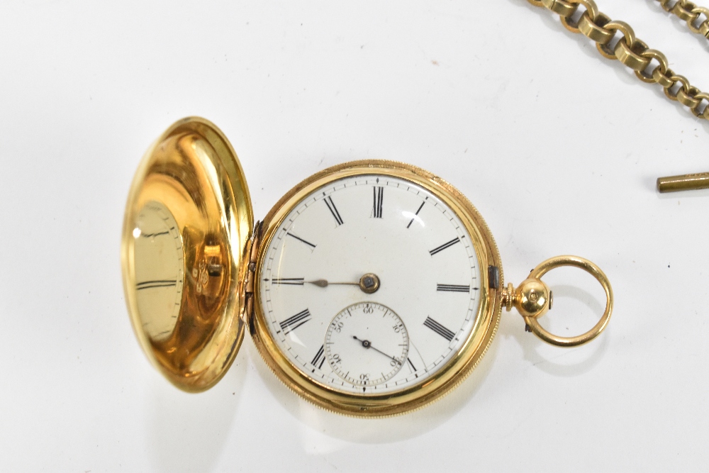 An 18ct gold key wind full hunter pocket watch, the enamelled dial set with Roman numerals and - Image 3 of 5