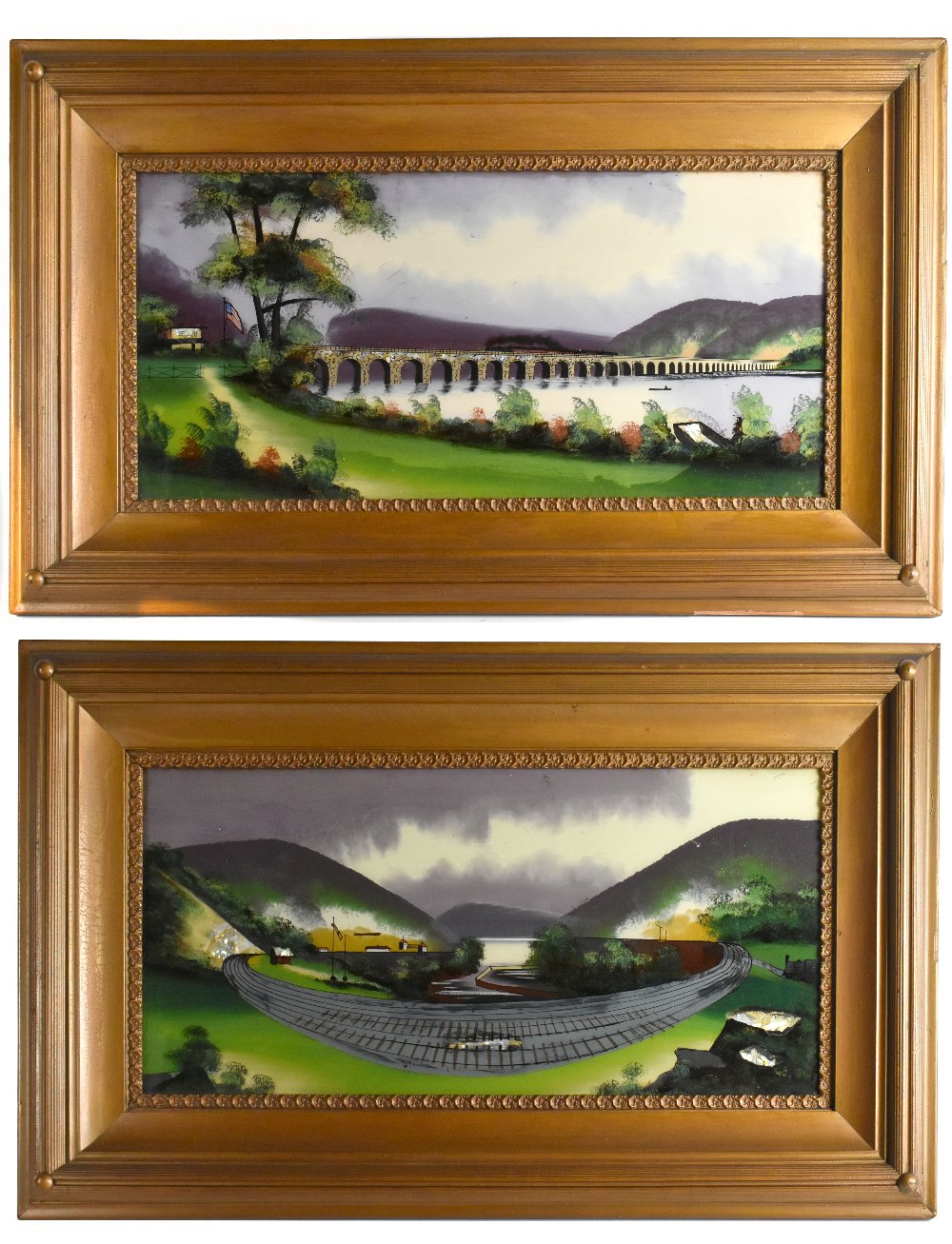An interesting and rare pair of American 19th century reverse paintings on glass depicting the