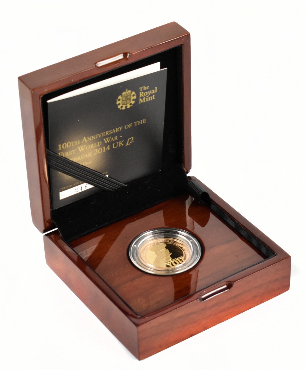 THE ROYAL MINT; 100th Anniversary of the First World War - Outbreak 2014 UK £2 gold proof coin, 22ct