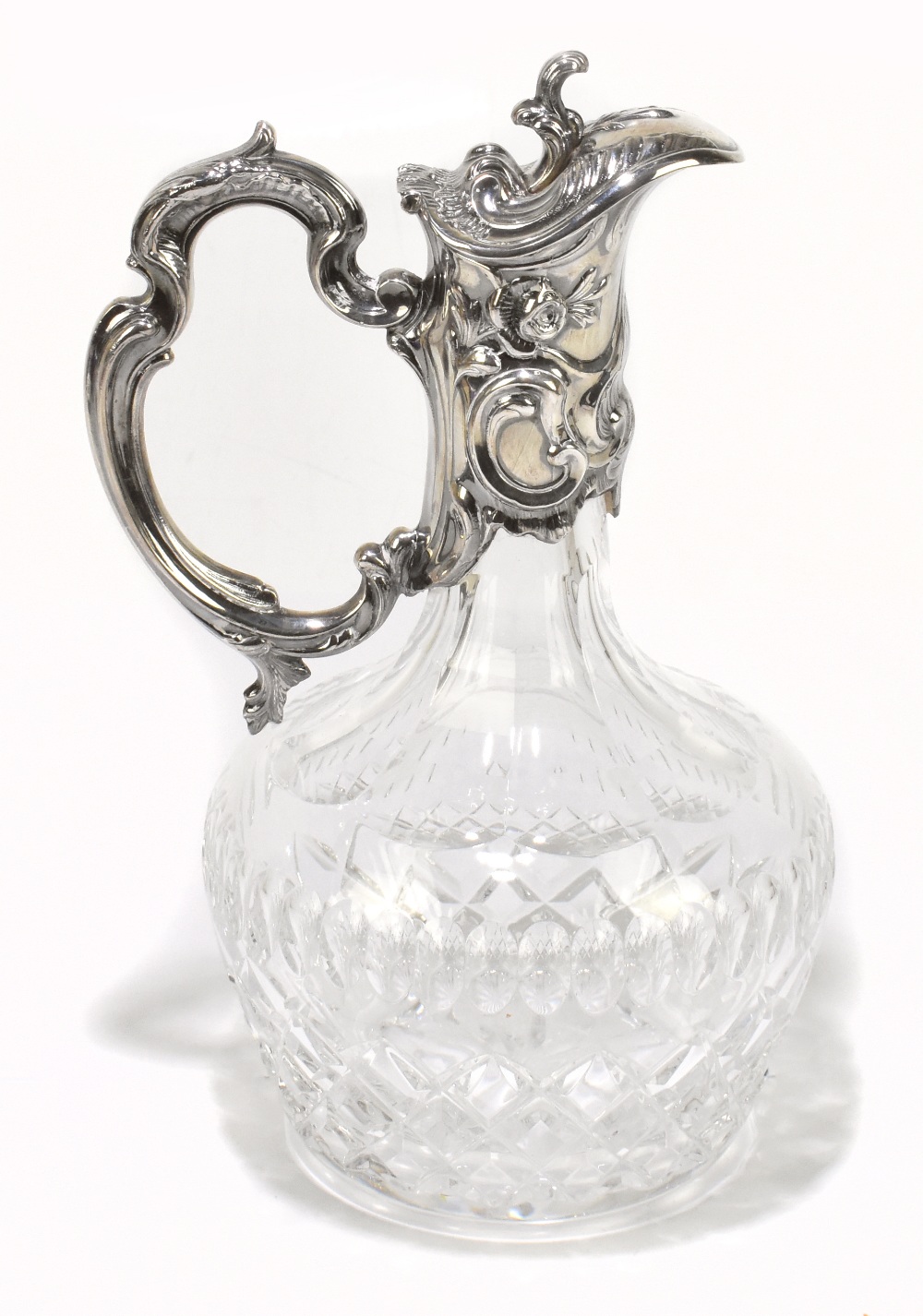 A continental contemporary cut glass claret jug with sterling silver mounted collar and handle