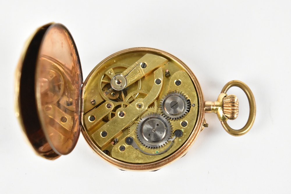 EQUESTRIAN INTEREST; an American 14ct gold crown wind open faced pocket watch, the enamel dial - Image 3 of 4