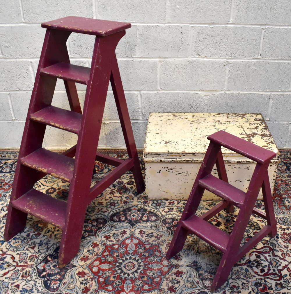 A painted pine rectangular trunk, width 78cm, also two sets of painted ladders (3).