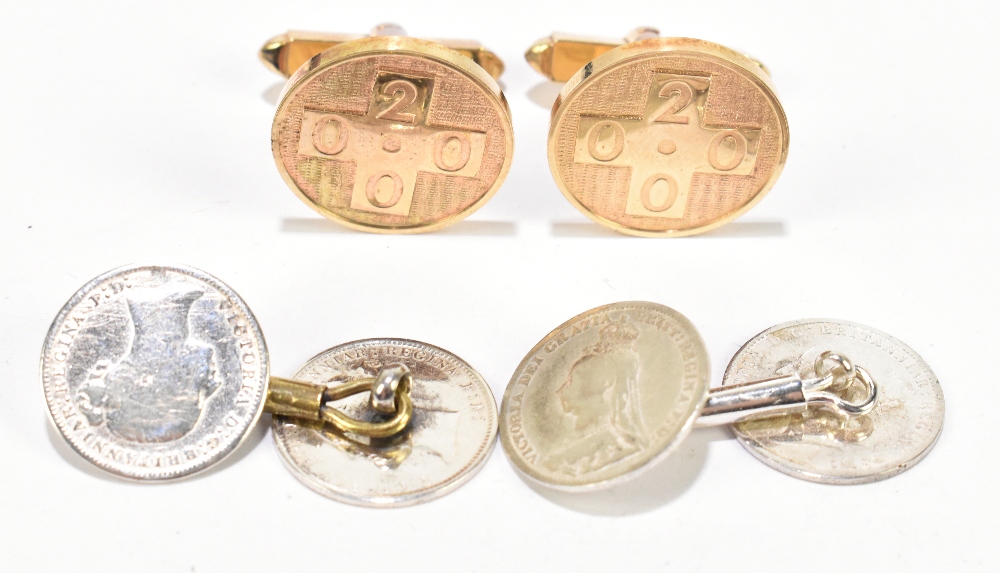 A pair of 9ct yellow gold cufflinks, the circular platforms engraved '2000', approx. 13.2g, and a