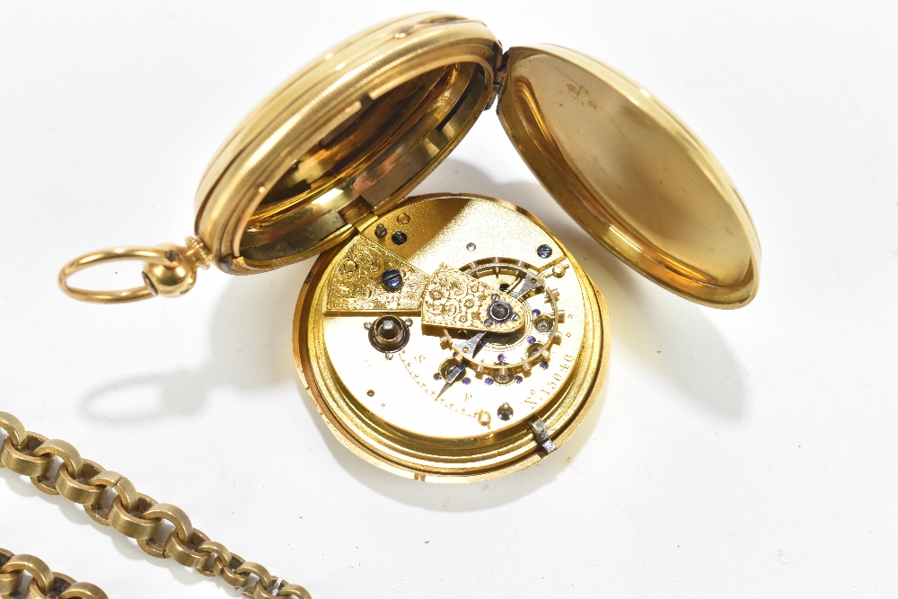 An 18ct gold key wind full hunter pocket watch, the enamelled dial set with Roman numerals and - Image 4 of 5