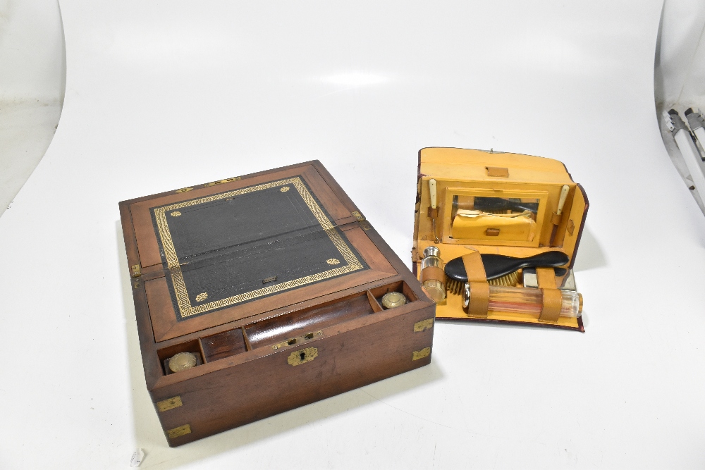 A Victorian brass bound walnut writing slope, width 35cm, and a travelling vanity set. - Image 3 of 3