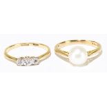 An 18ct yellow gold illusion set three stone diamond ring, size O, approx. 2g, and a 9ct yellow gold