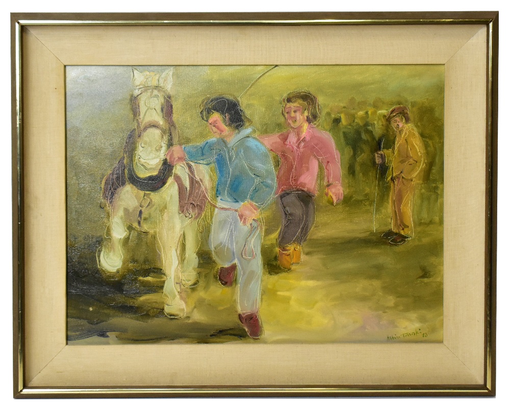 ALBIN TROWSKI (1919-2012); oil on board, a horse fair, signed and dated 73, 43.5 x 59cm, framed. (