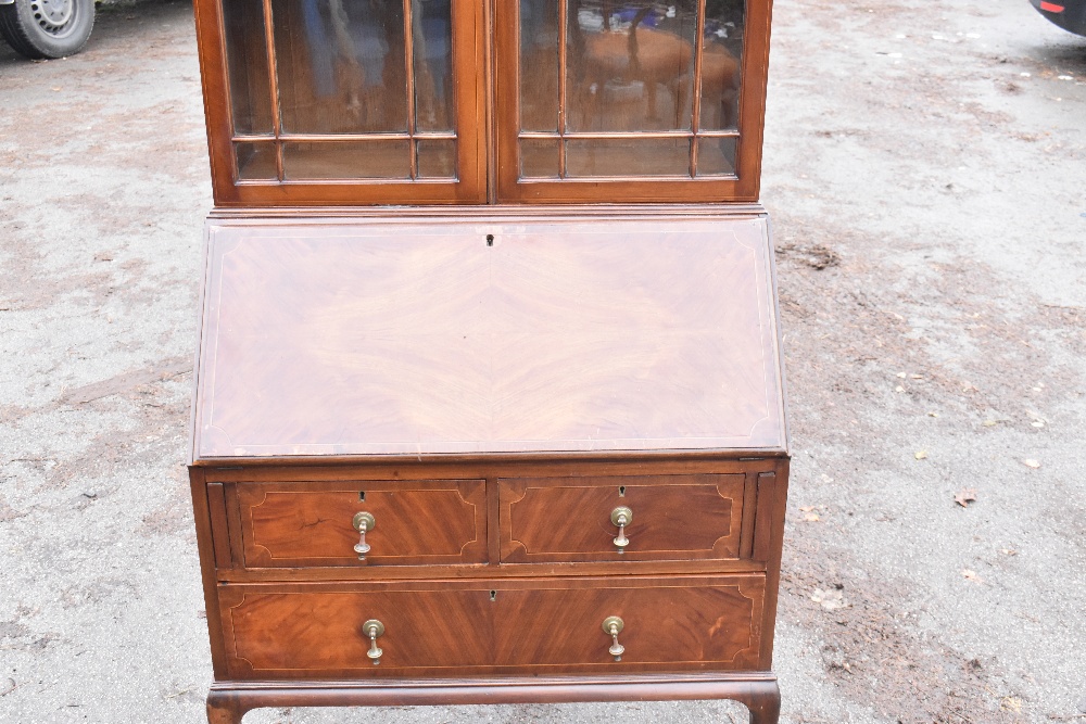 A late 19th century inlaid mahogany bureau bookcase, the upper section with two glazed doors, height - Image 3 of 5