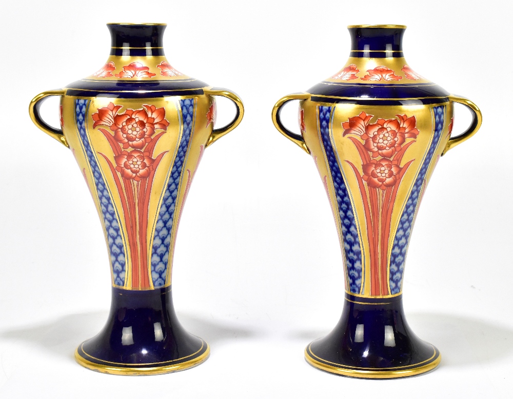 JAMES MACINTYRE; a pair of twin handled meiping shaped vases decorated in the 'Aurelian Ware'