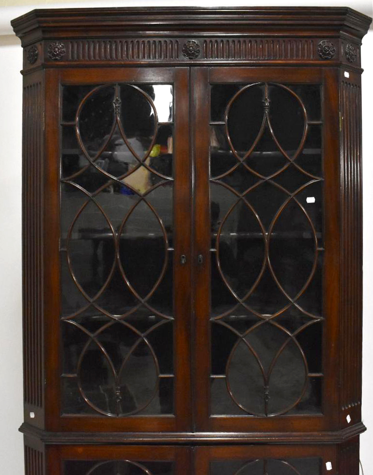 A George III mahogany freestanding corner cabinet, with moulded cornice above two pairs of - Image 4 of 6
