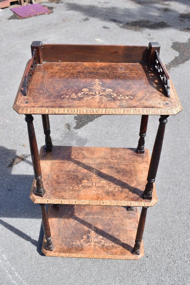 A Victorian walnut three tier whatnot, with galleried back and sides, and turned column supports, - Image 2 of 2