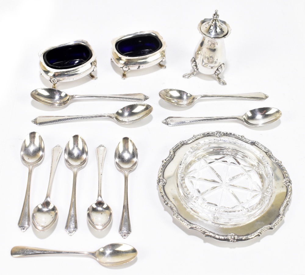 JOSEPH GLOSTER; a George V hallmarked silver three piece cruet, Birmingham 1925, together with