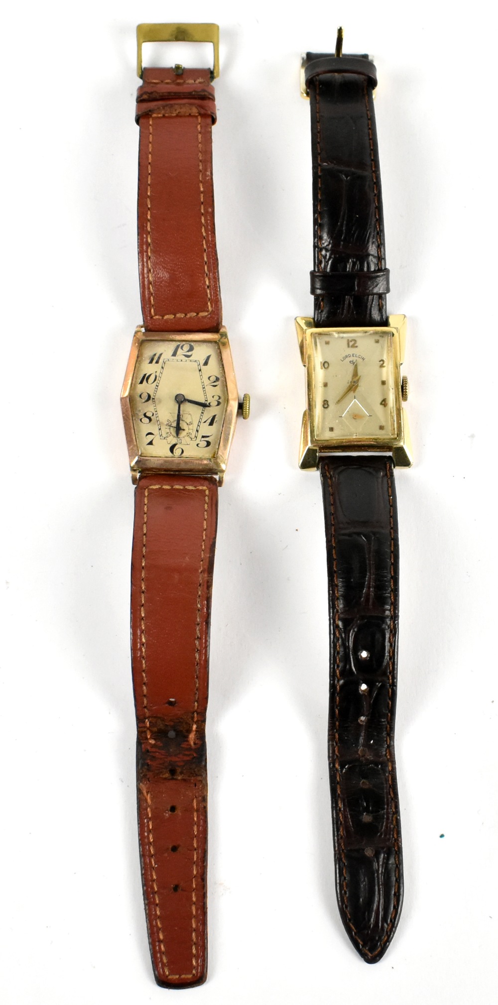 LORD ELGIN; a gentleman's 14ct gold plated wristwatch, the silvered dial set with Arabic numerals