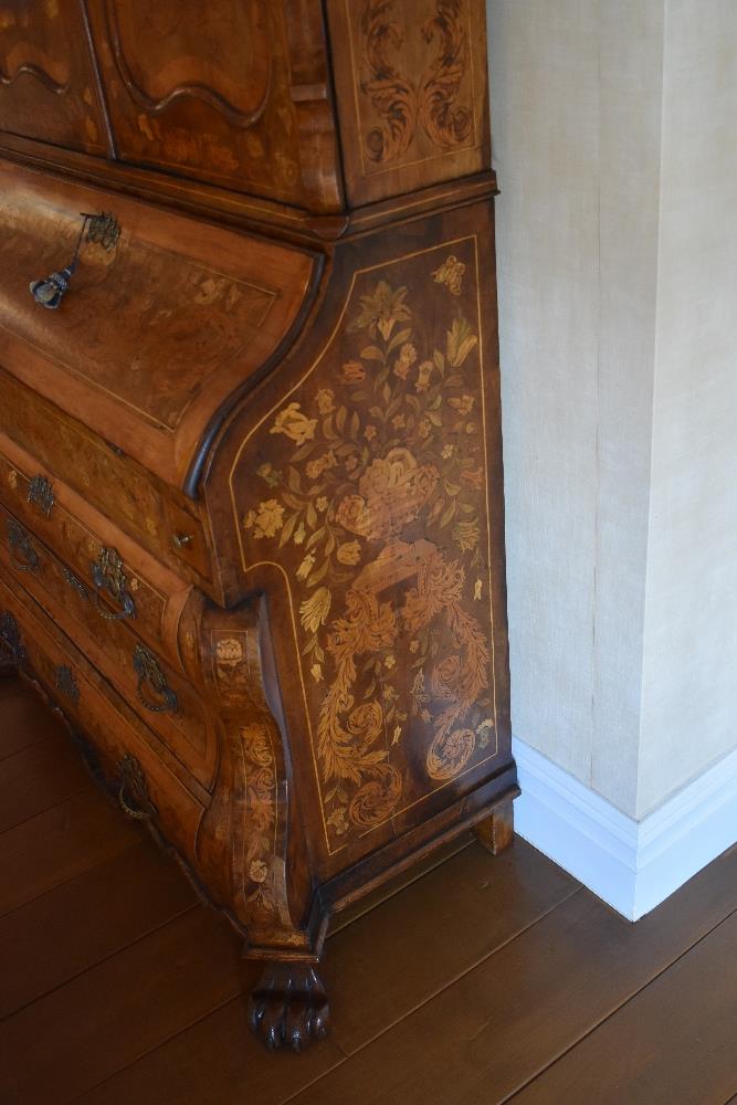 A very large late 18th century Dutch marquetry inlaid bureau bookcase, the shaped cornice above - Image 5 of 6