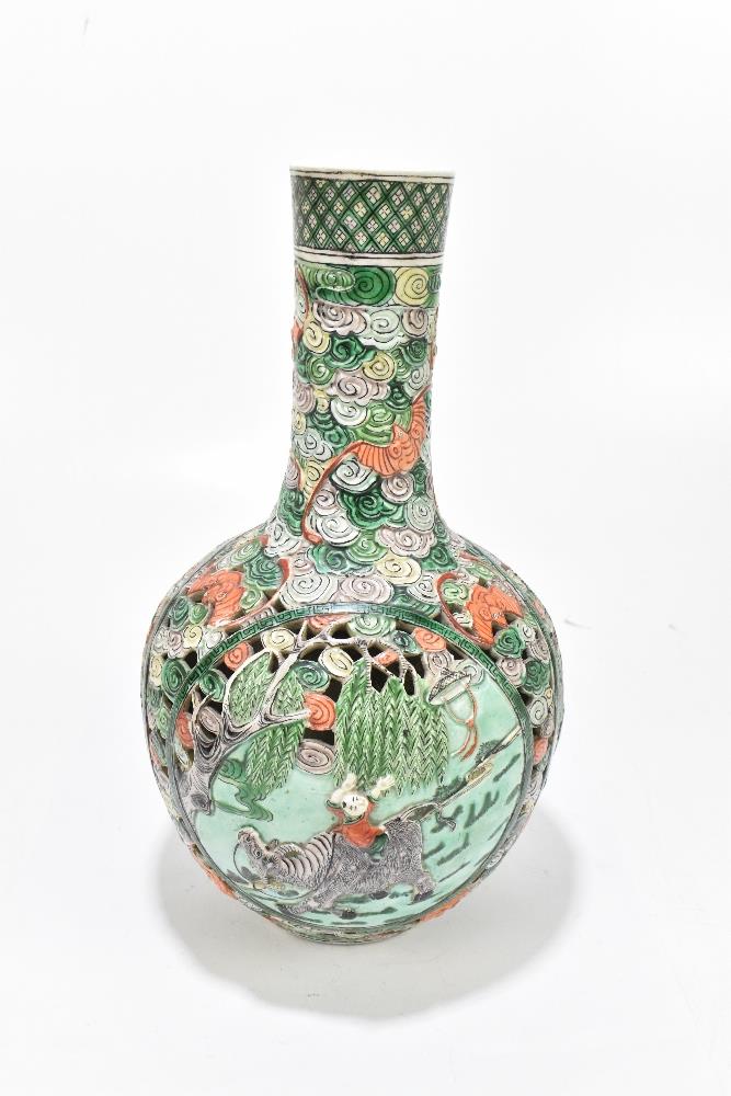 A 19th century Chinese reticulated porcelain Famille Verte vase, decorated throughout with bats, and - Image 2 of 5