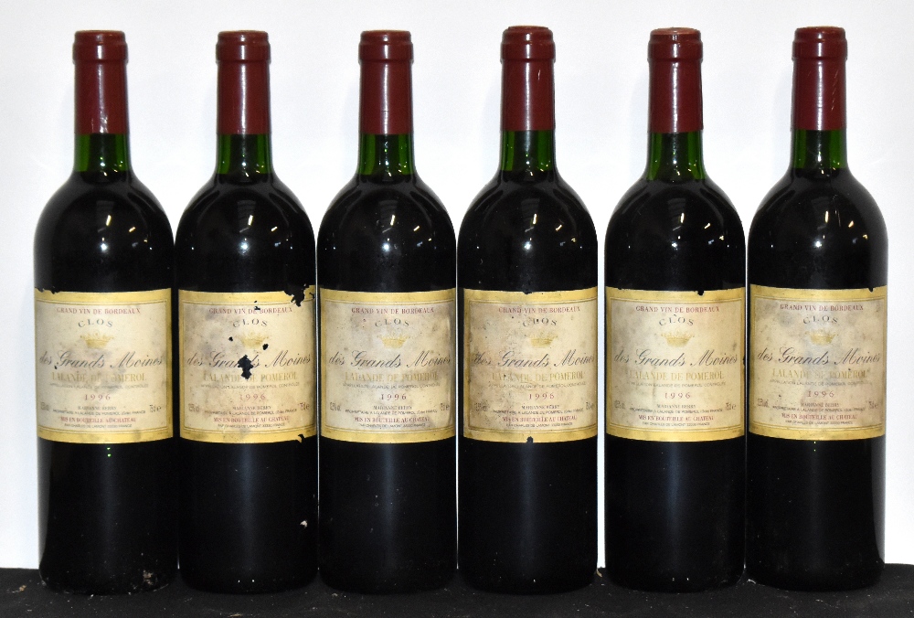 RED WINE; six bottles Des Grands Moines Lalande de Pomerol 1996, 75cl, 12.5%.