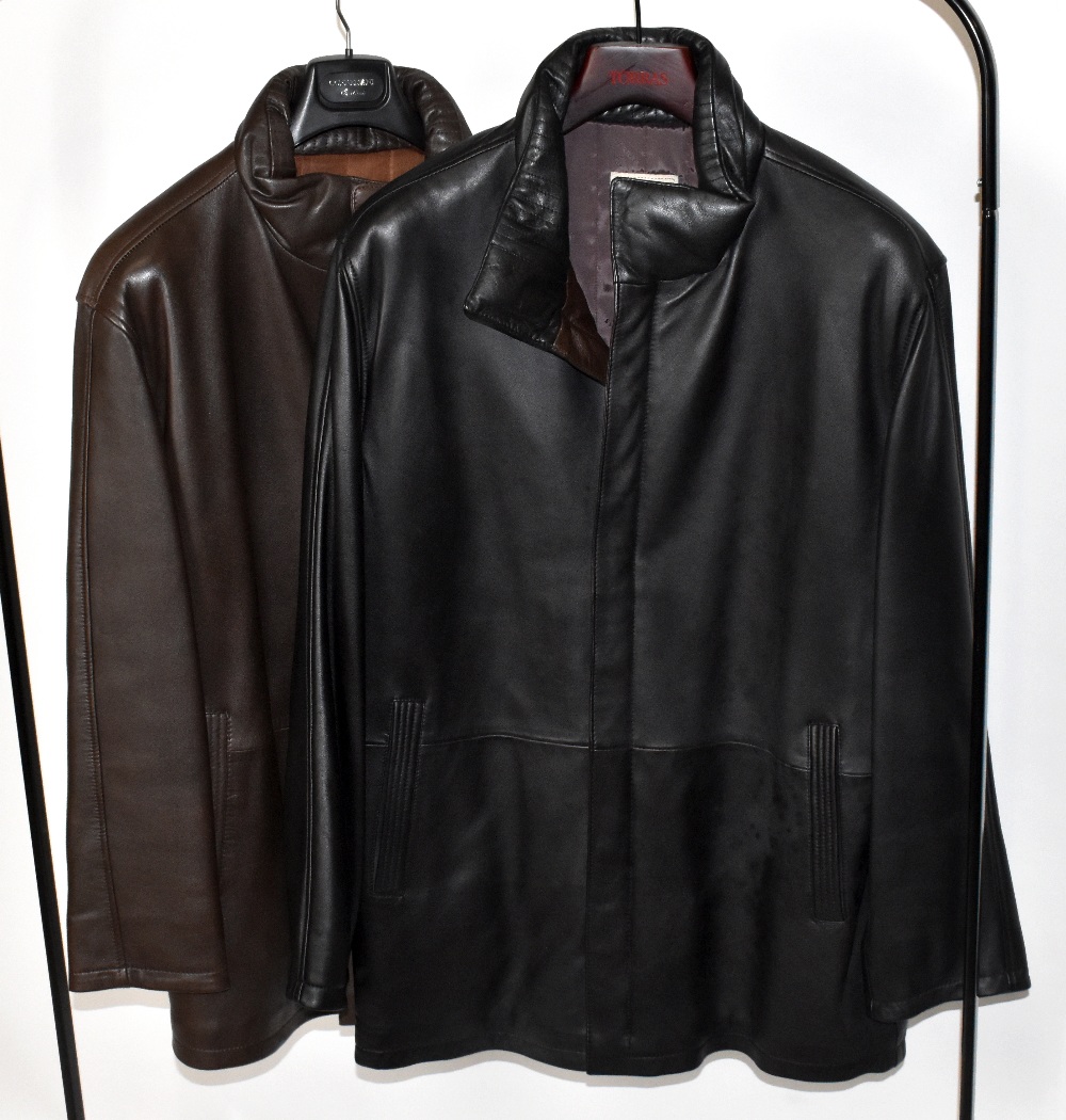 TORRAS; a black soft leather padded zip front men's long jacket fully lined with front slit pockets,