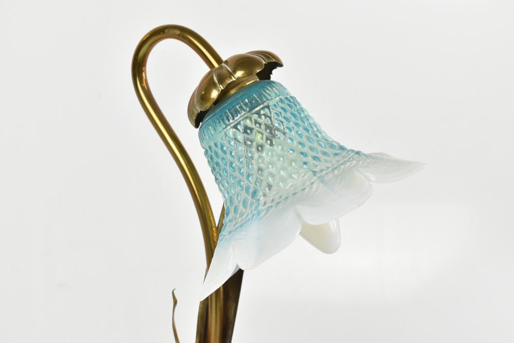 An Edwardian Art Nouveau brass table lamp with moulded blue glass shade, height 43cm.Additional - Image 2 of 3