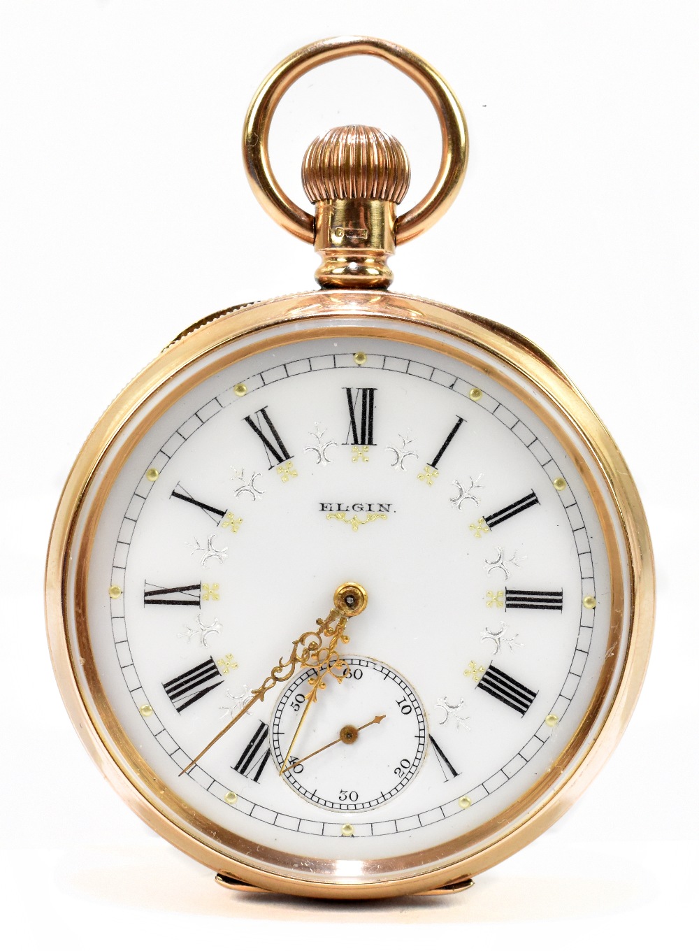 ELGIN WATCH CO; a 9ct yellow gold crown wind open face pocket watch, the enamel dial set with jewels