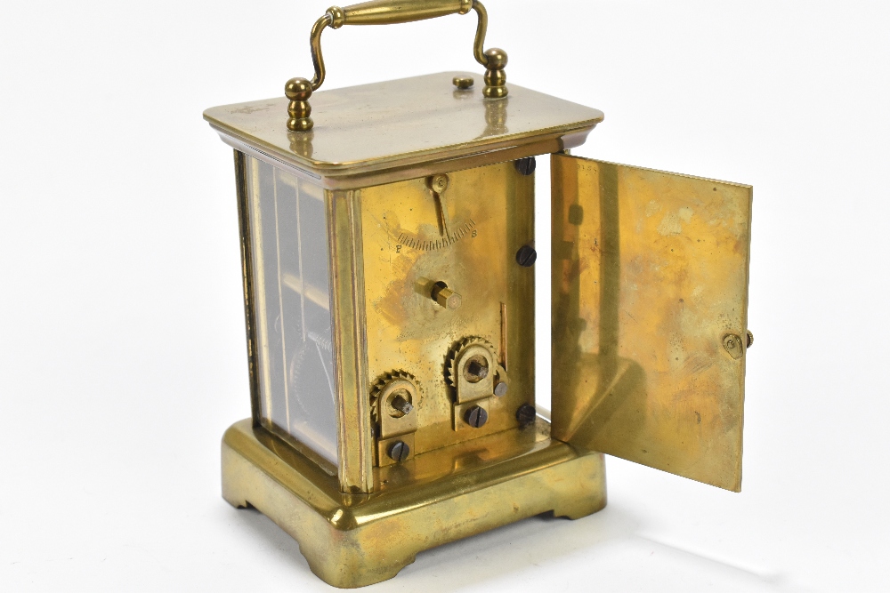 THE NEW HAVEN CLOCK COMPANY USA; an eight day brass cased carriage clock, the enamel dial set with - Image 3 of 3