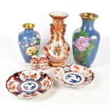 A Japanese Kutani vase, with two further miniature vases, and two modern cloisonné vases, height