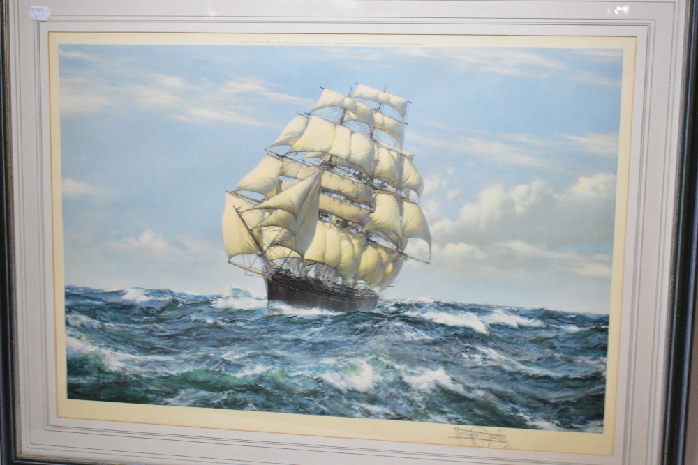 MONTAGUE DAWSON RSMA FRSA (1890-1973); pencil signed print, sailing vessel and stormy seas, - Image 3 of 4