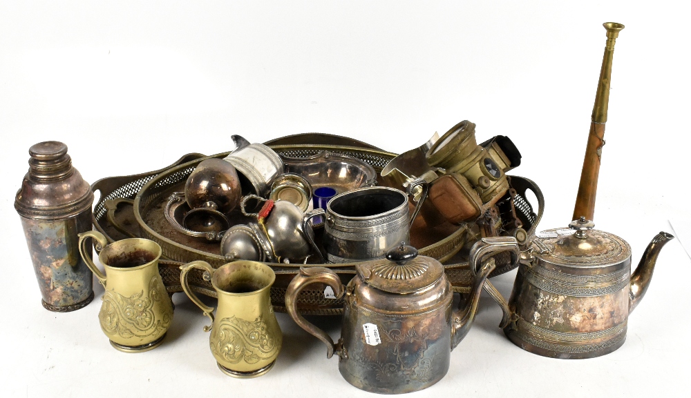 A small collection of assorted silver plate and metalware including a large galleried tray,