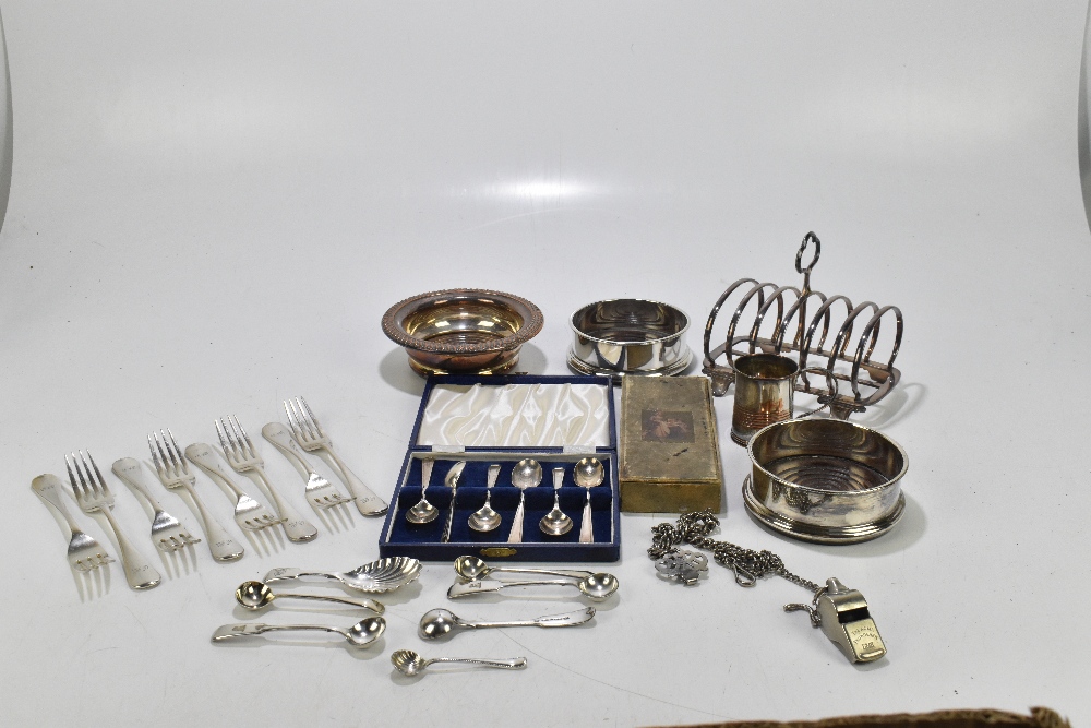 A small selection of silver plate including a six division toast rack, a pair of bottle stands. - Image 2 of 2